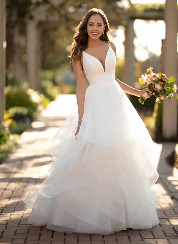 Wholesa A-line Ball Gown Wedding Dress With Tulle Cascading Ruffles