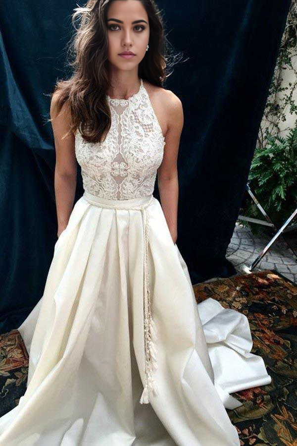 Wholesa A-Line Halter Sweep Train Satin Ivory Wedding Dress with Lace