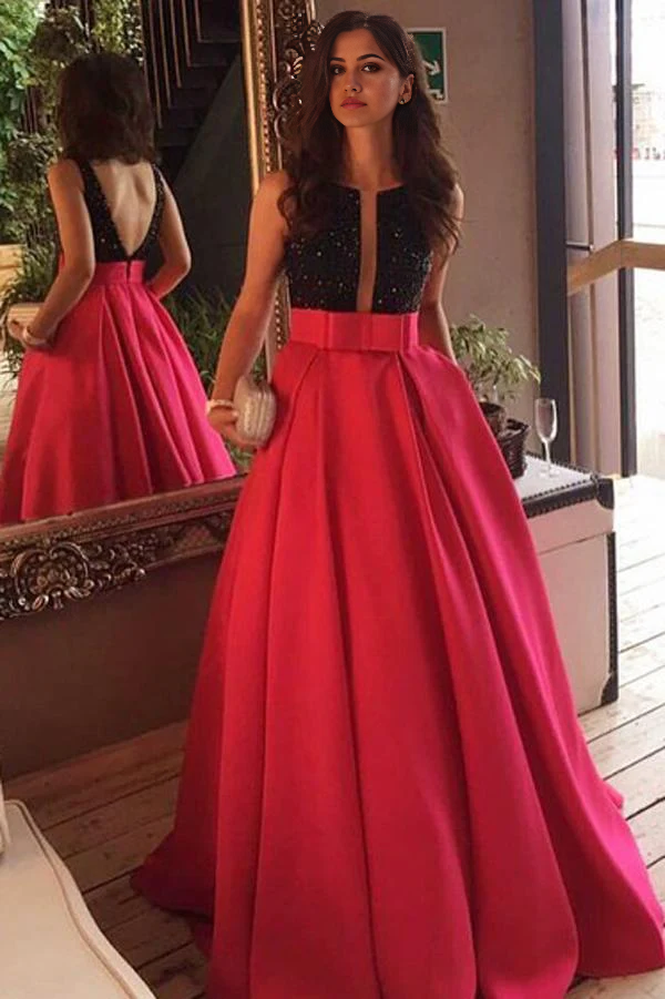 Wholesa A-line Scoop Neck Satin Backless Long Prom Dresses with Sweep Train