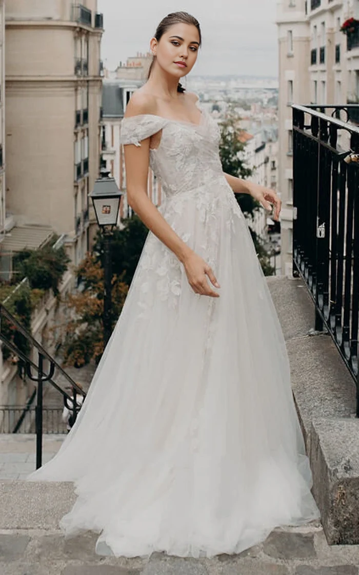 Wholesa Bohemian A Line Off-the-shoulder Tulle Short Sleeve Brush Train Wedding Dress with Appliques
