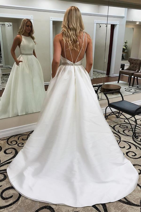 Wholesa A-line Elegant Jewel Sleeveless Sweep Train Wedding Dress with Pockets