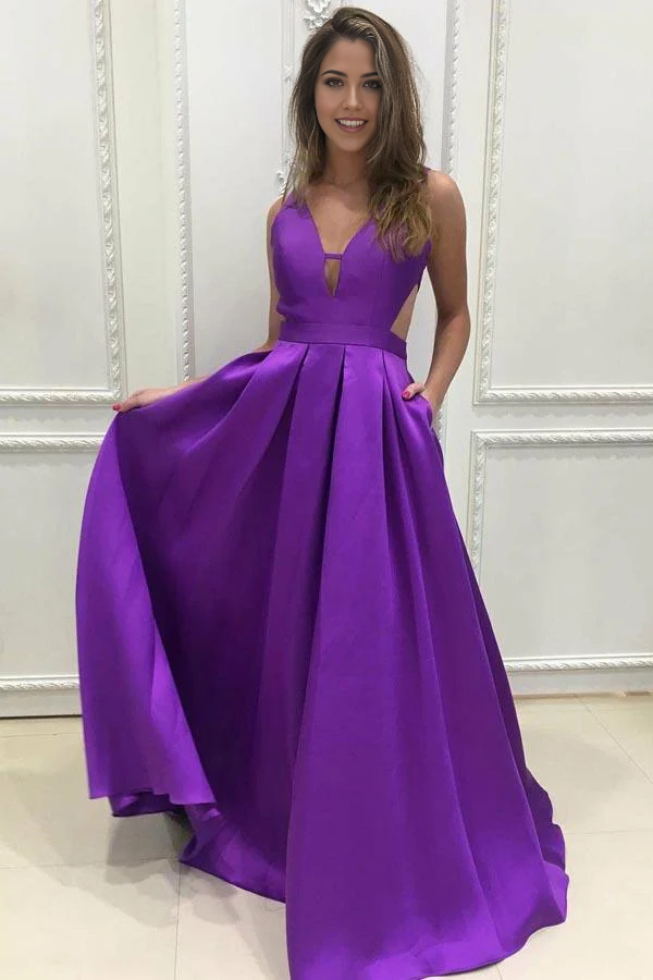 Wholesa A-line Simple V-Neck Sweep Train Grape Satin Prom Dresses Evening Dresses
