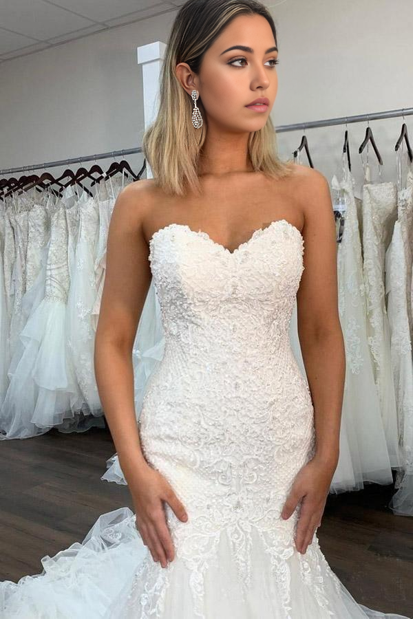 Wholesa Mermaid Sweetheart Neckline Sexy Lace Wedding Dresses With Ruffles