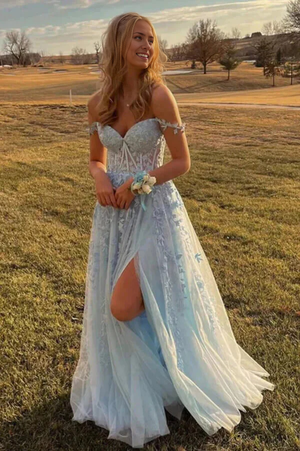 Wholesa A-line Tulle Off-the-Shoulder Prom Dresses With Appliques