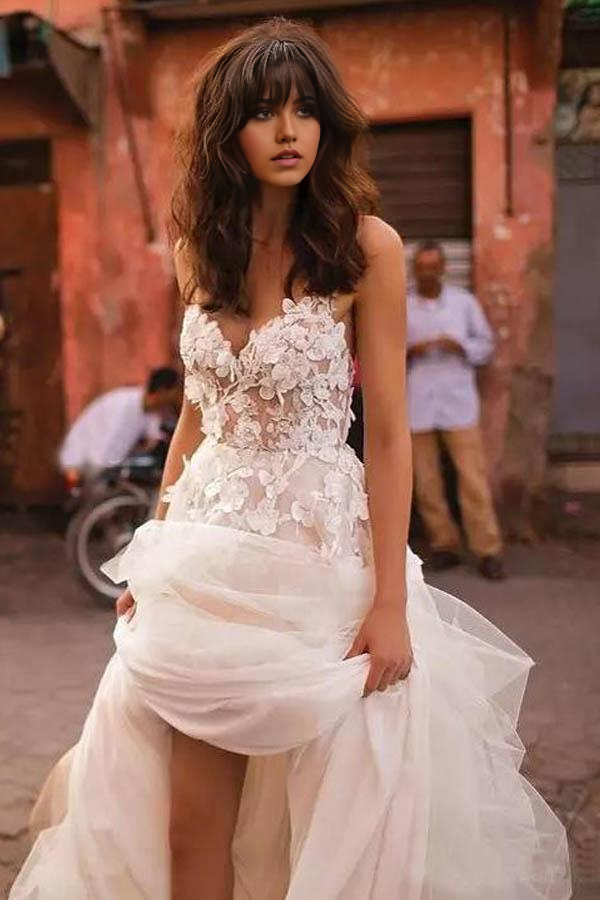 Wholesa A-line Backless Straps Brush Train Tulle Long Bridal Gown Wedding Dresses