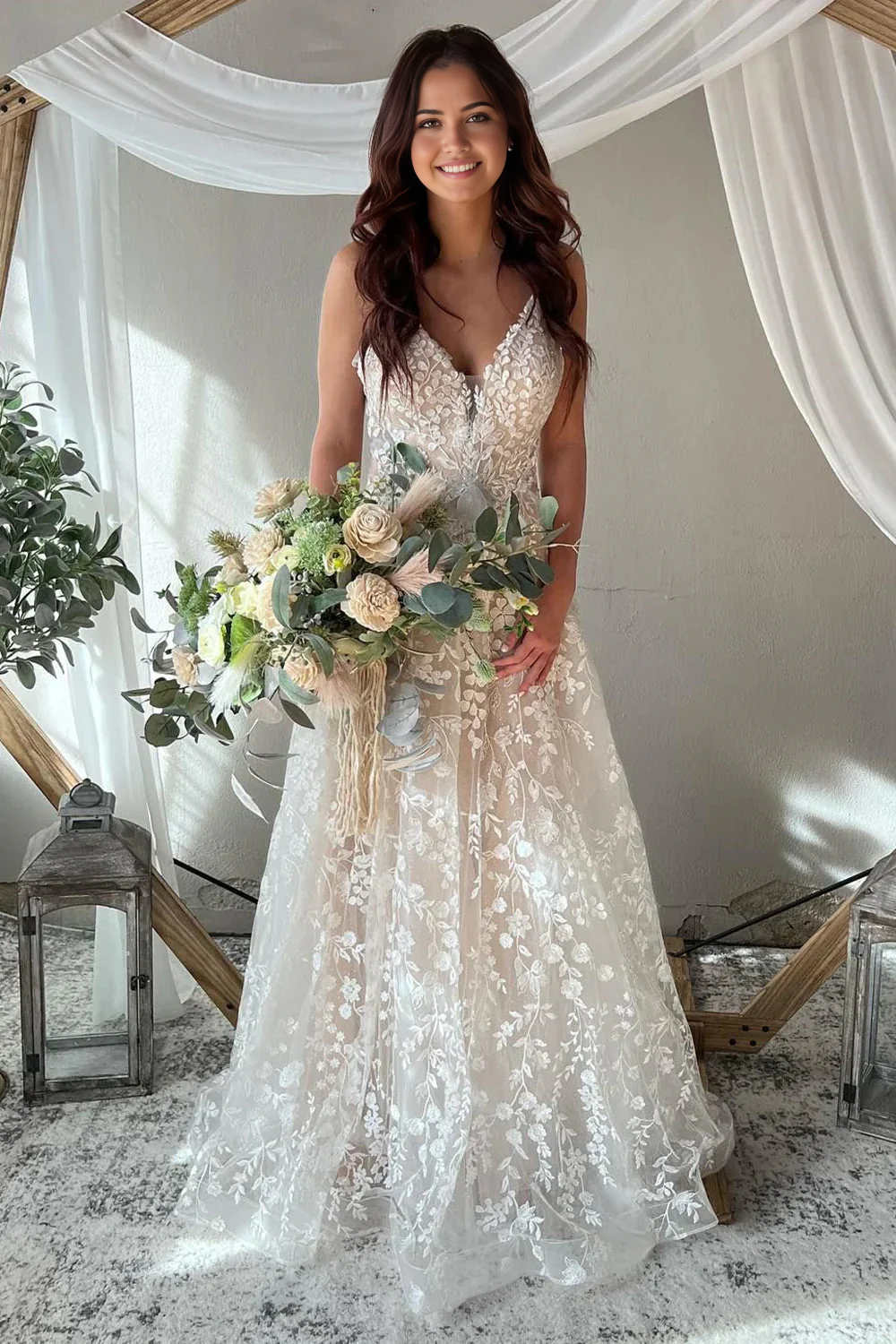 Wholesa A-Line V Neck Lace Tulle Boho Wedding Dresses Gorgeous Ball Gown