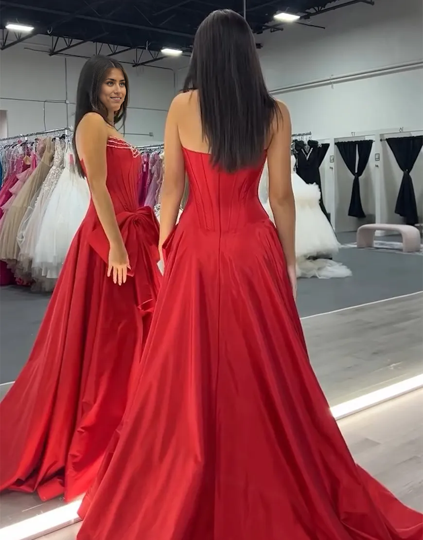 Wholesa A-Line Sparkly Strapless Beaded Corset Satin Bow Red formal dresses evening dress Long Prom Dress with Slit