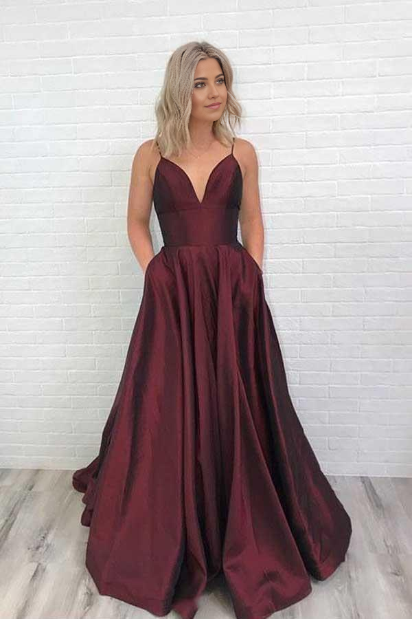 Wholesa A-line Charming V Neck Satin Burgundy Prom Dress