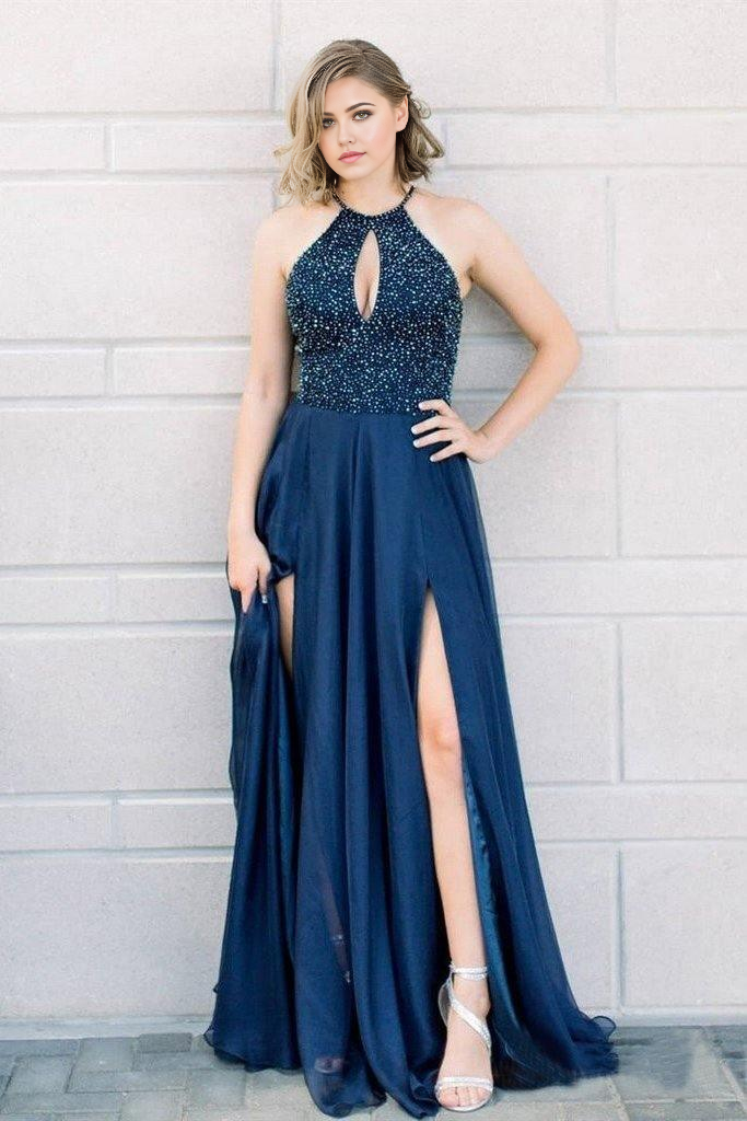Wholesa A-line Elegant Halter Beaded Navy Blue Long Prom Dresses with Split