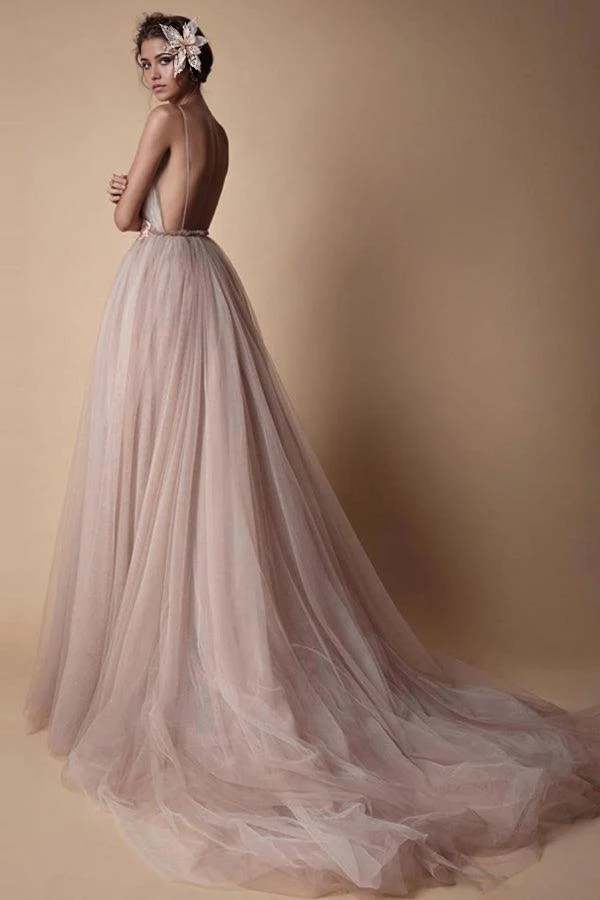 Wholesa A-line Beach Deep V Neck Spaghetti Strap Wedding Dresses With Applique