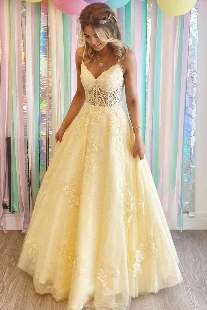 Wholesa A-line V-Neck Appliques Yellow Long Prom Dress Formal Dress