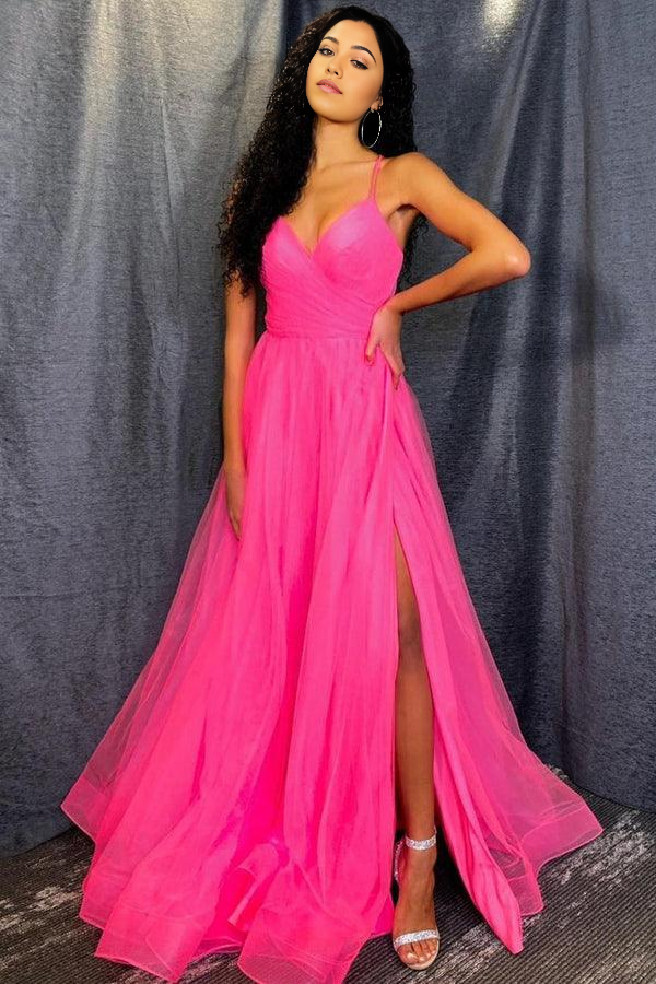 Wholesa A Line V Neck Hot Pink Tulle Prom Dresses Formal Dresses