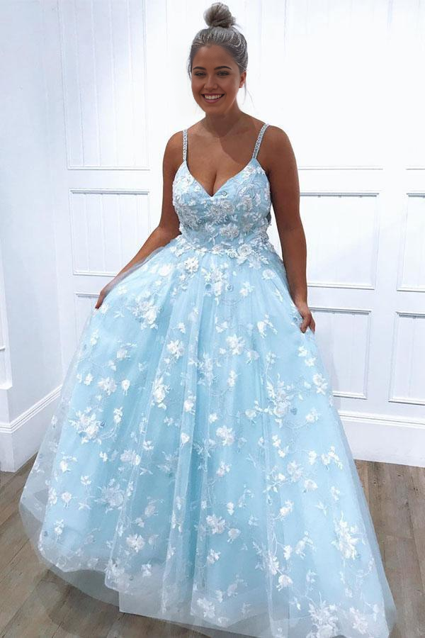 Wholesa A-Line Lace Appliques Tulle Blue Long Prom Dresses Evening Dress