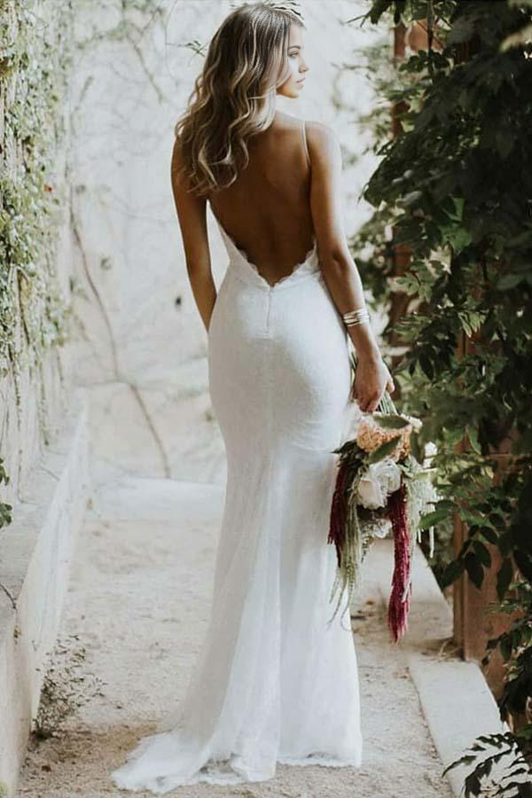 Wholesa Mermaid Spaghetti Straps Low Cut Backless Lace Wedding Dress