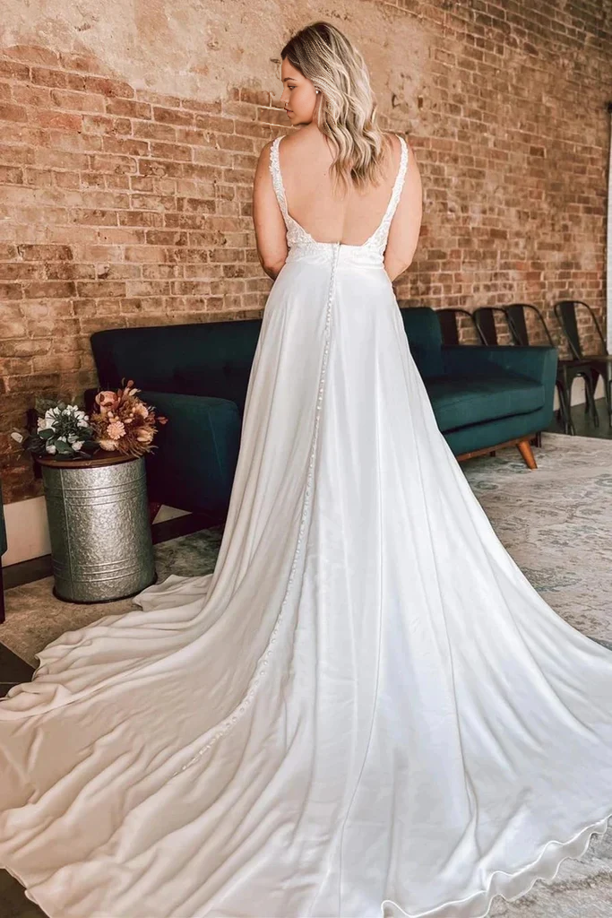 Wholesa A Line Floral Lace Open Back Ivory Long Wedding Dresses