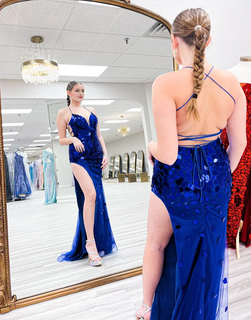 Wholesa Mermaid Sparkly Spaghetti Straps Mirrors Tulle Royal Blue Long formal dresses evening gown Prom Dress with Slit