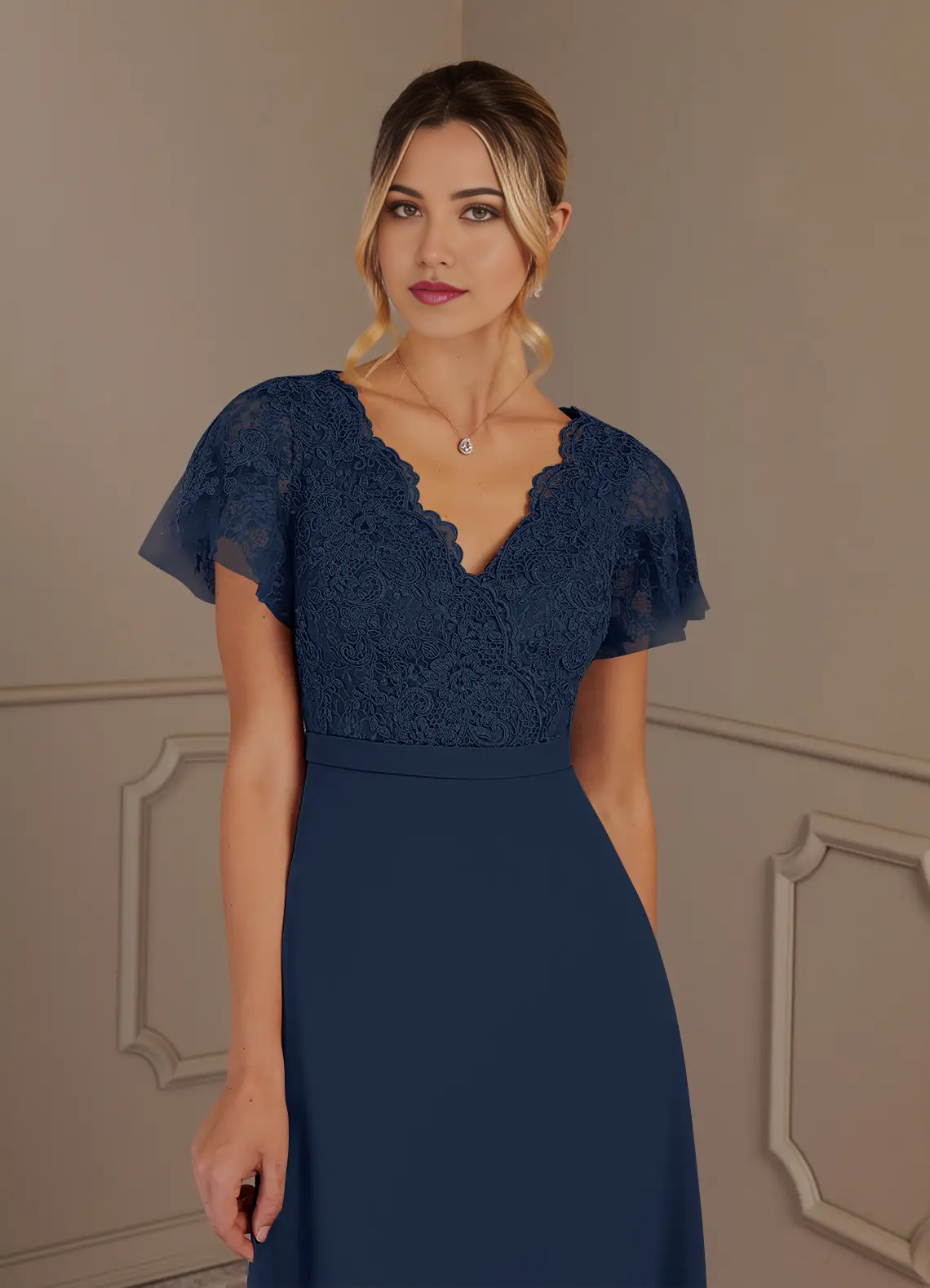 Wholesa A-Line V-Neck Lace Chiffon Dark Navy Mother of the Bride Dresses