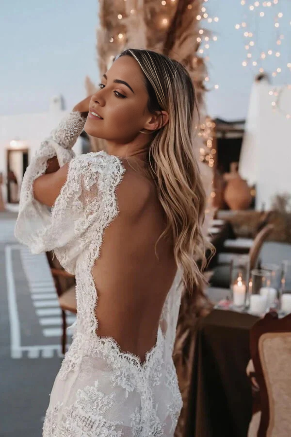 Wholesa Boho V-neck Lace Appliques Long Sleeve Wedding Dress