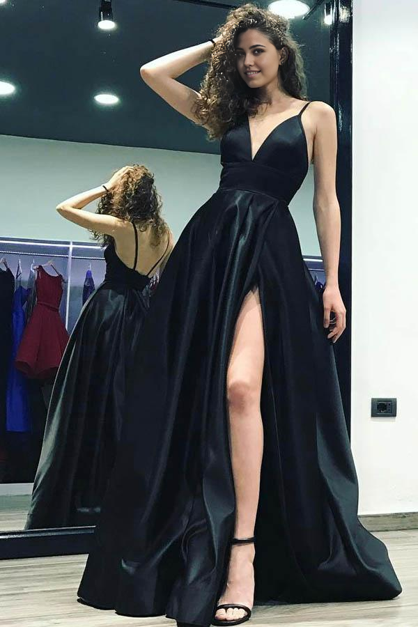 Wholesa A-line Deep V-Neck Black Sweep Train Satin Backless Split Side Prom Dress