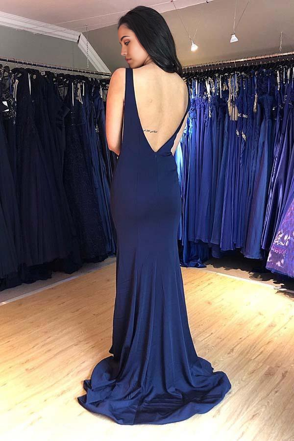 Wholesa Mermaid Bateau Backless Sweep Train Navy Blue Prom Dresses Evening Dress