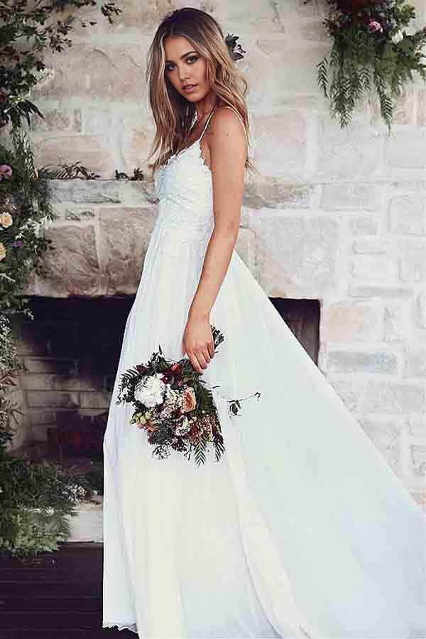 Wholesa A-Line Spaghetti Appliques Straps Wedding Dresses With Lace