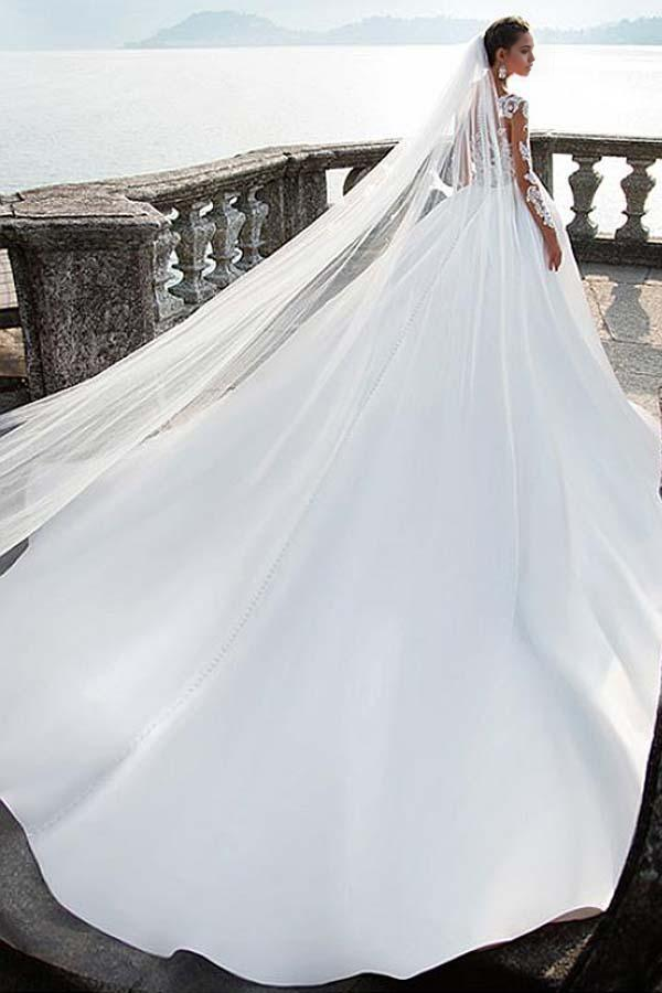Wholesa A-Line Satin Bateau Lace Neckline Wedding Dresses With Appliques