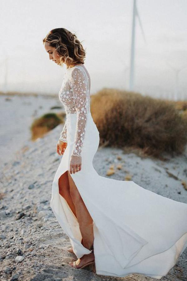 Wholesa Mermaid Long Sleeves Scoop Neck Open Back Lace Wedding Dresses with Split