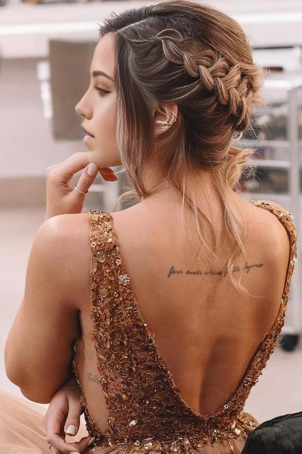 Wholesa A Line Brown Beaded Sweetheart Tulle Backless Long Prom Dresses