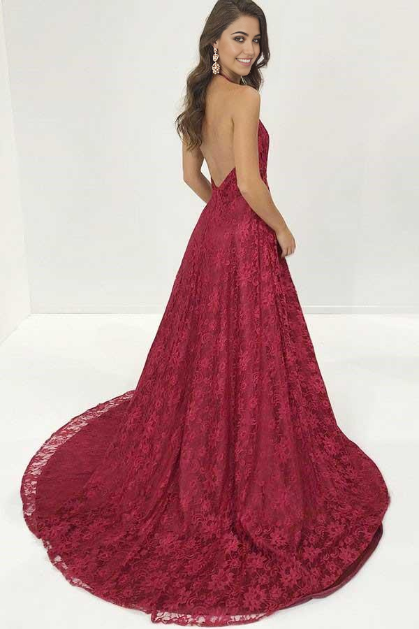 Wholesa A-Line Halter Sweep Train Lace Red Prom Dress with Split