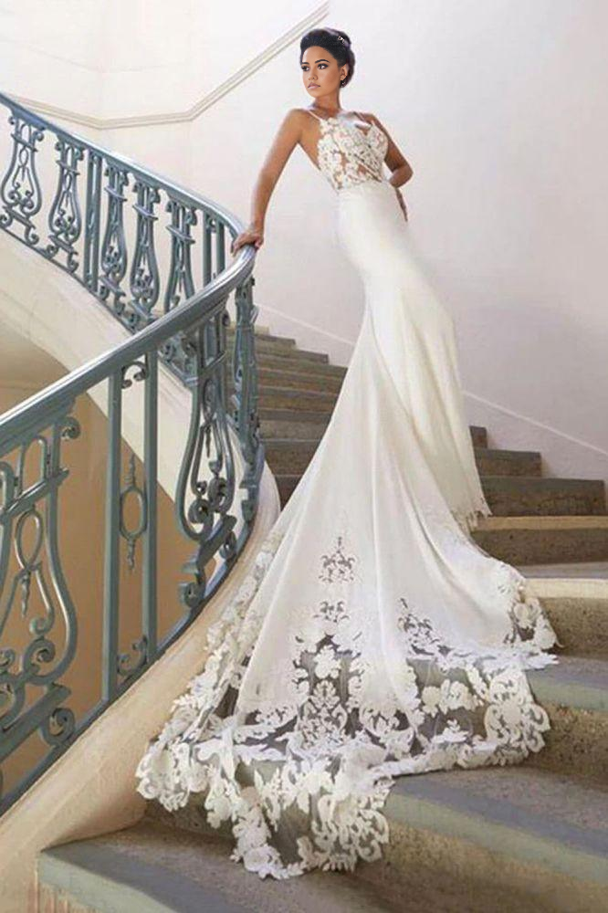 Wholesa Mermaid Spaghetti Strap Backless Applique Fitted Wedding Dresses