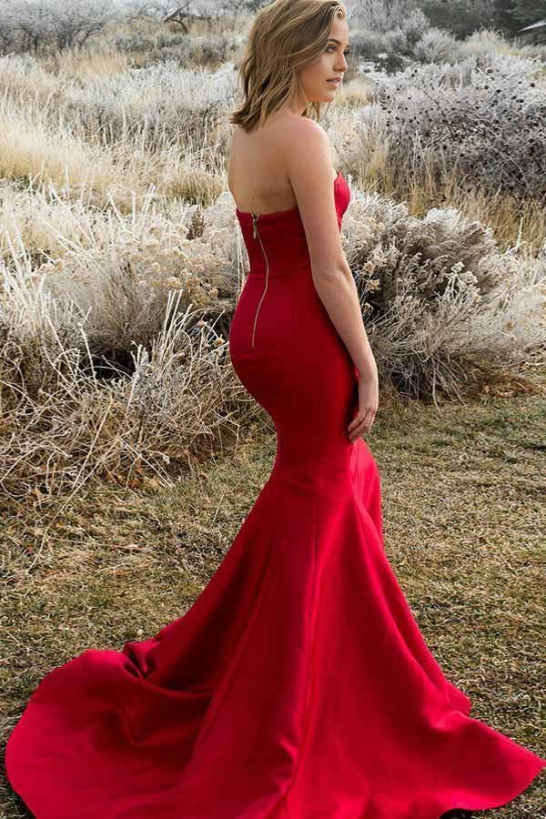 Wholesa Mermaid Strapless Sweep Train Red Satin Sleeveless Split Pleats Prom Dress