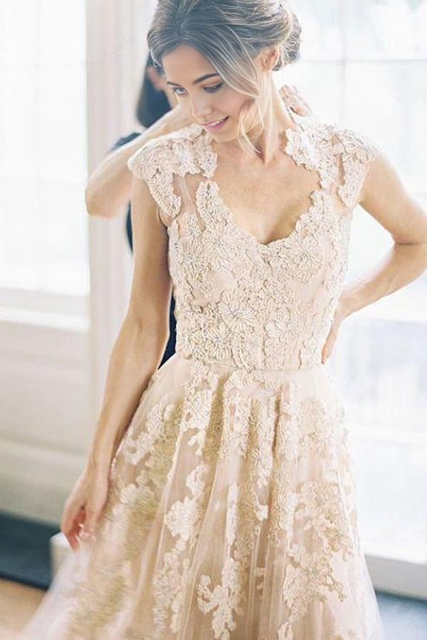 Wholesa A-line V-neck Sleeveless Floor-Length Wedding Dress with Lace