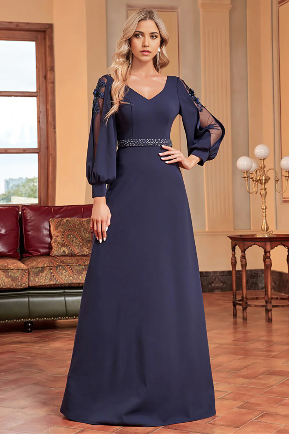 Wholesa A-Line Long Sleeves Mother of the Bride Dress with Beading