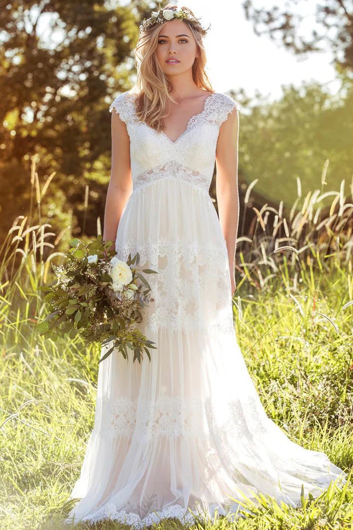 Wholesa A-line V-Neck Long Cap-Sleeve Appliqued Lace Tulle Wedding Dress