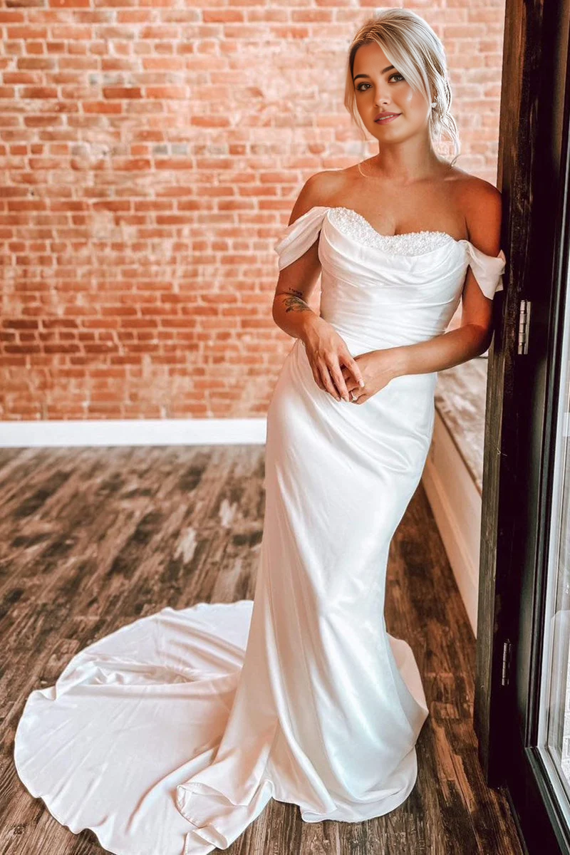 Wholesa Mermaid Off-the-Shoulder Pearls Long Wedding Dress