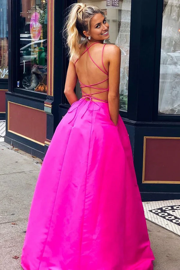 Wholesa A-line V-neck Cross Back Satin Ball Gown Long Prom Dresses with Pockets