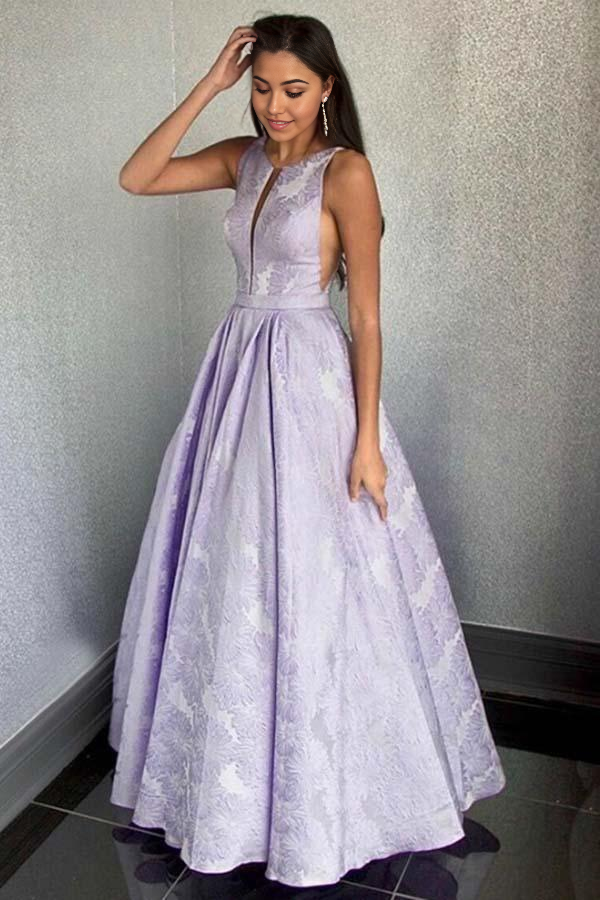 Wholesa A-Line Round Neck Floor-Length Lilac Printed Prom Dresses Evening Dress