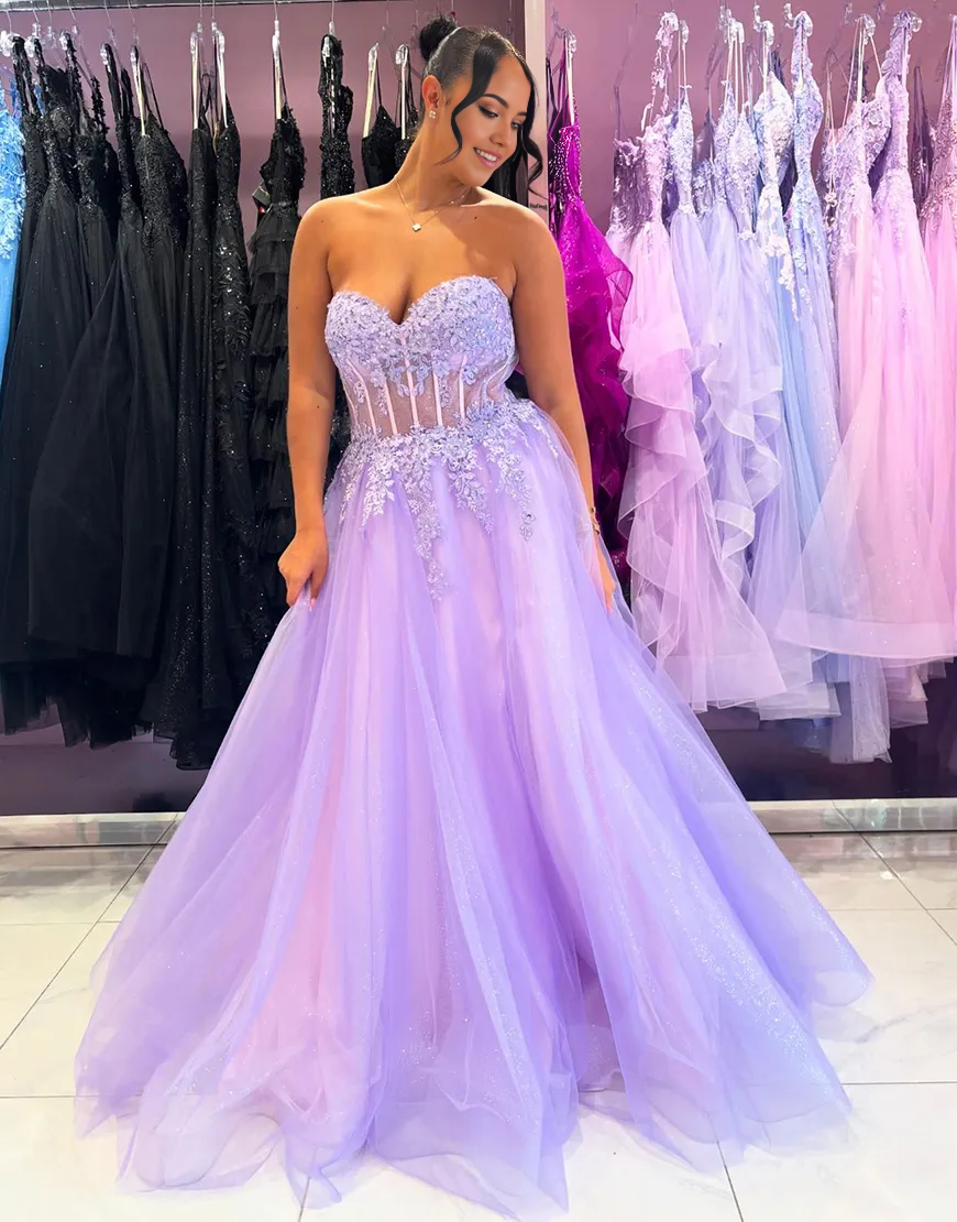 Wholesa A-Line Strapless Corset Appliques Tulle Sparkly Lilac Long formal dresses evening dress Prom Dress with Slit