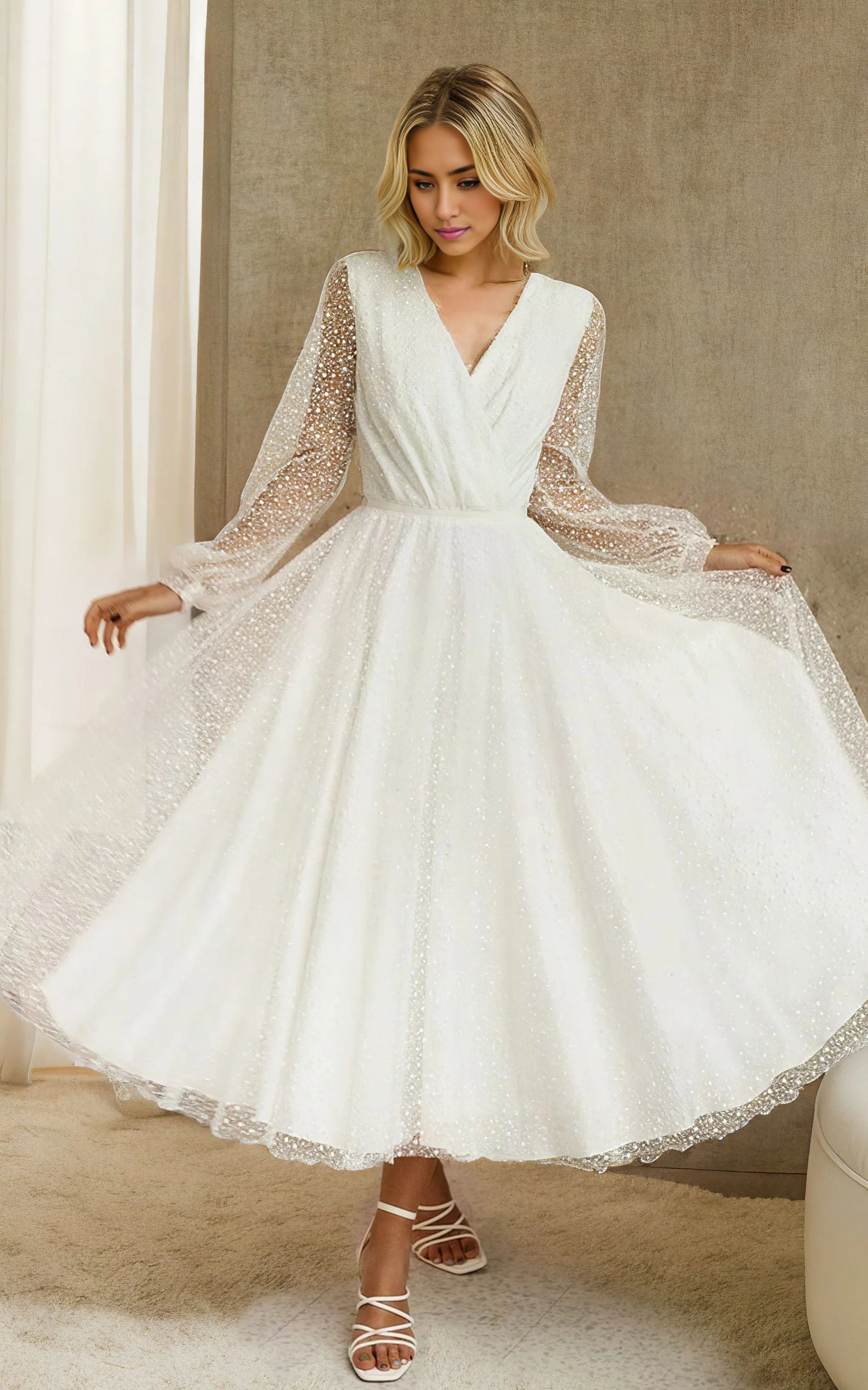 Wholesa A-Line Tulle Tea-Length Long Sleeve Wedding Dress