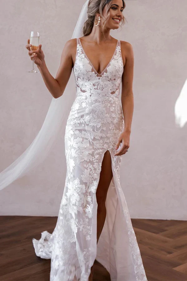 Wholesa Boho Mermaid V Neck Elegant Lace formal dresses Wedding Dresses with Slit
