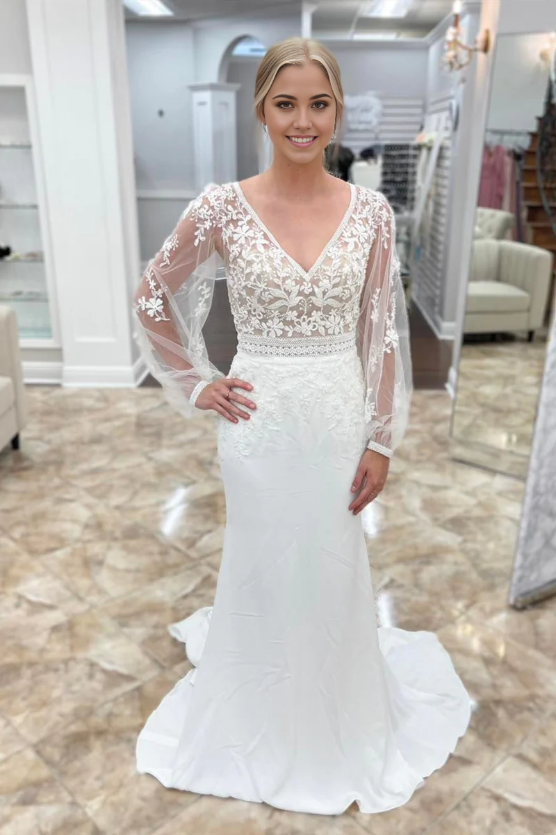 Wholesa Mermaid Deep V Neck Illusion Sleeves Appliques Long Wedding Dress