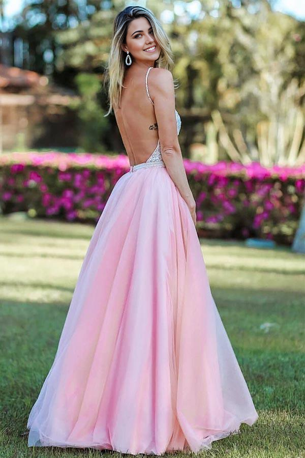 Wholesa A-line Spaghetti Straps Backless Beading Pink Long Prom Dresses Evening Dress