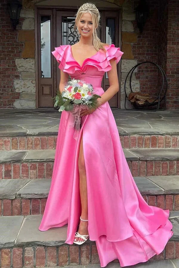 Wholesa A-line V-neck Silky Satin Long Prom Dresses With Ruffles