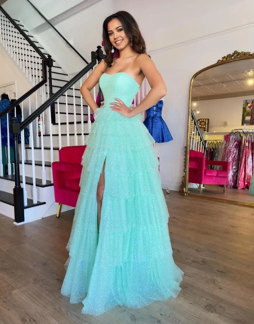 Wholesa A-Line Strapless Ruffles Tulle Sky Blue Long formal dresses evening gown Prom Dress with Slit