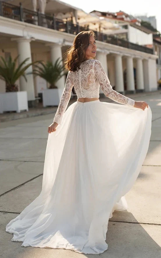 Wholesa Two Piece V-neck Train Lace Long Sleeves Wedding Dress with Sweep