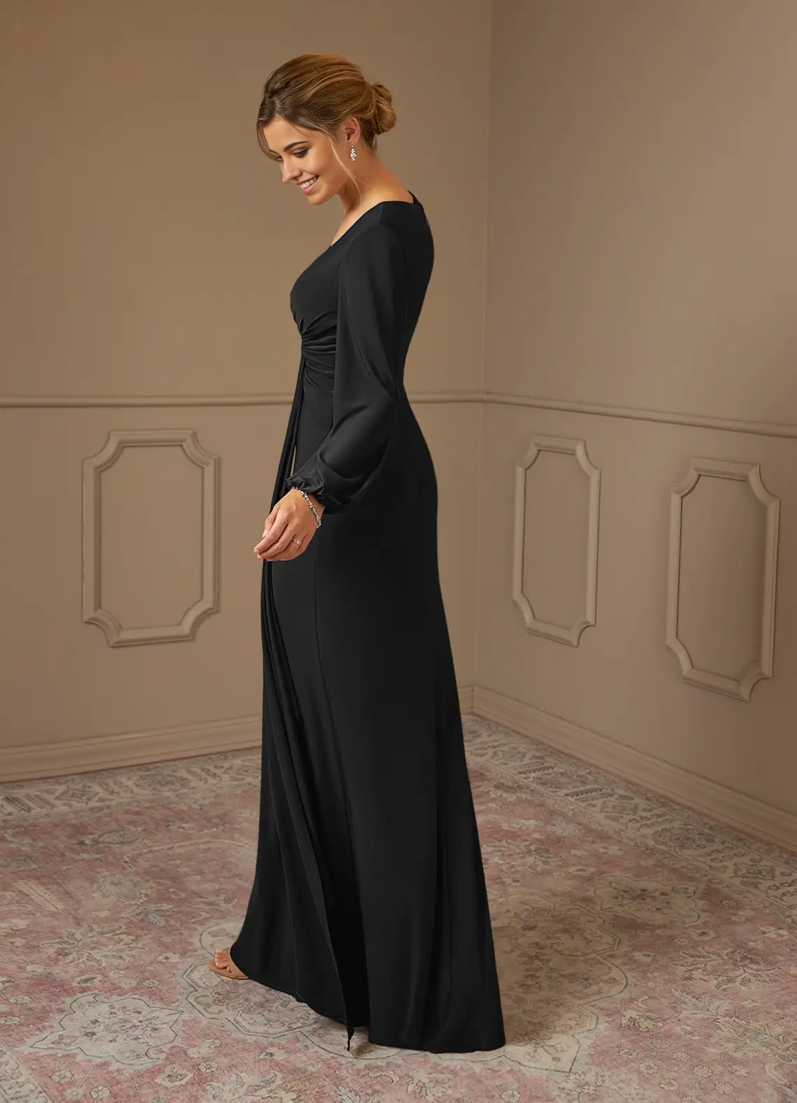Wholesa Sheath Pleated Long Sleeve Black formal dresses evening dress Mother of the Bride Dresses