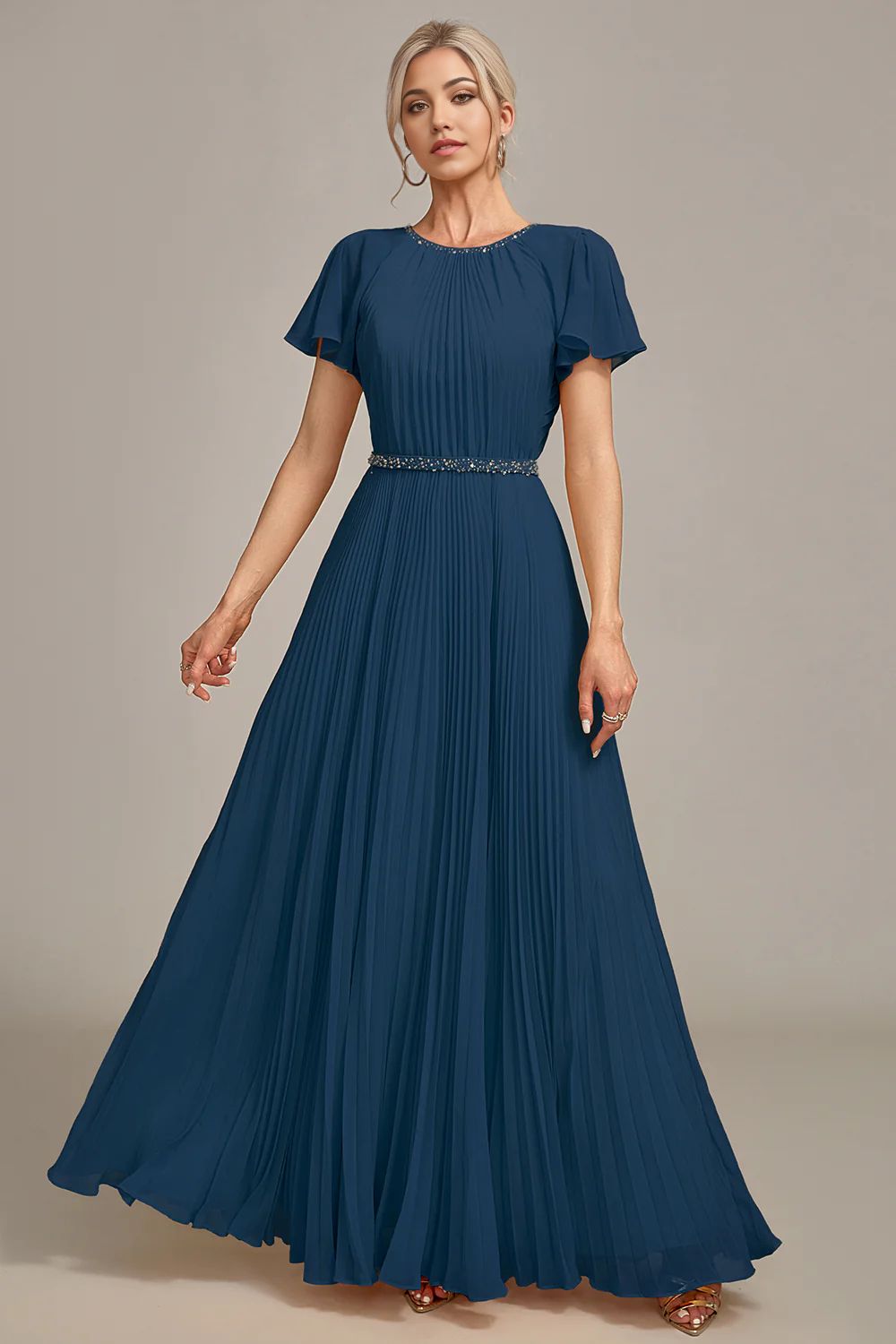 Wholesa A-Line Round Neck Pleated Mother of Bride Dress With Short Sleeves