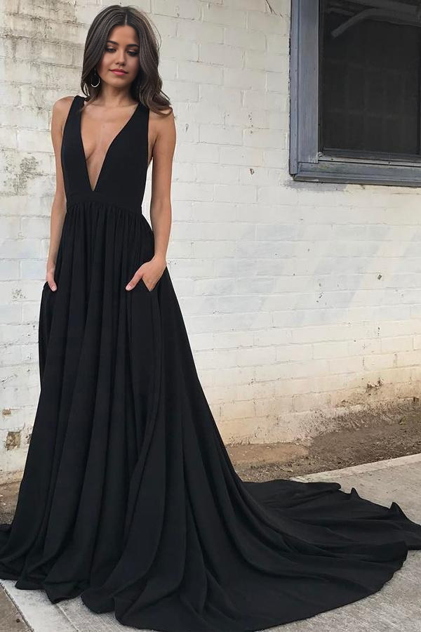 Wholesa A line Deep V Neck Simple Black Chiffon Backless Long Prom Dress