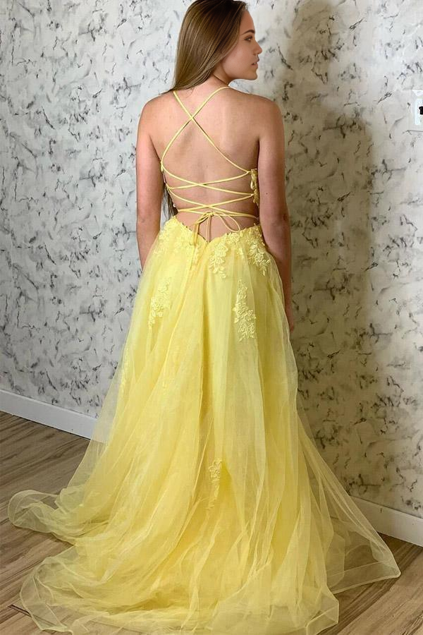 Wholesa A Line Spaghetti Straps Yellow Split Long Prom Dress With Lace Appliques