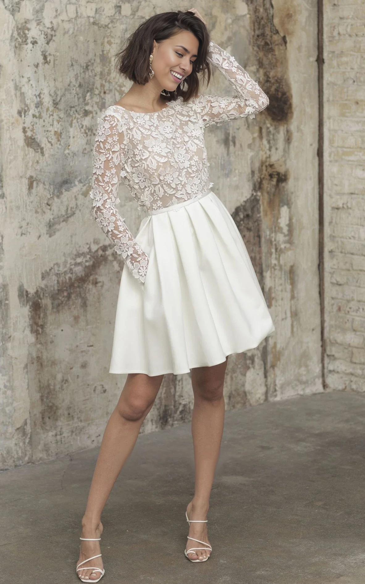 Wholesa A Line Simple Knee-length Satin Lace Bateau Long Sleeve Wedding Dress